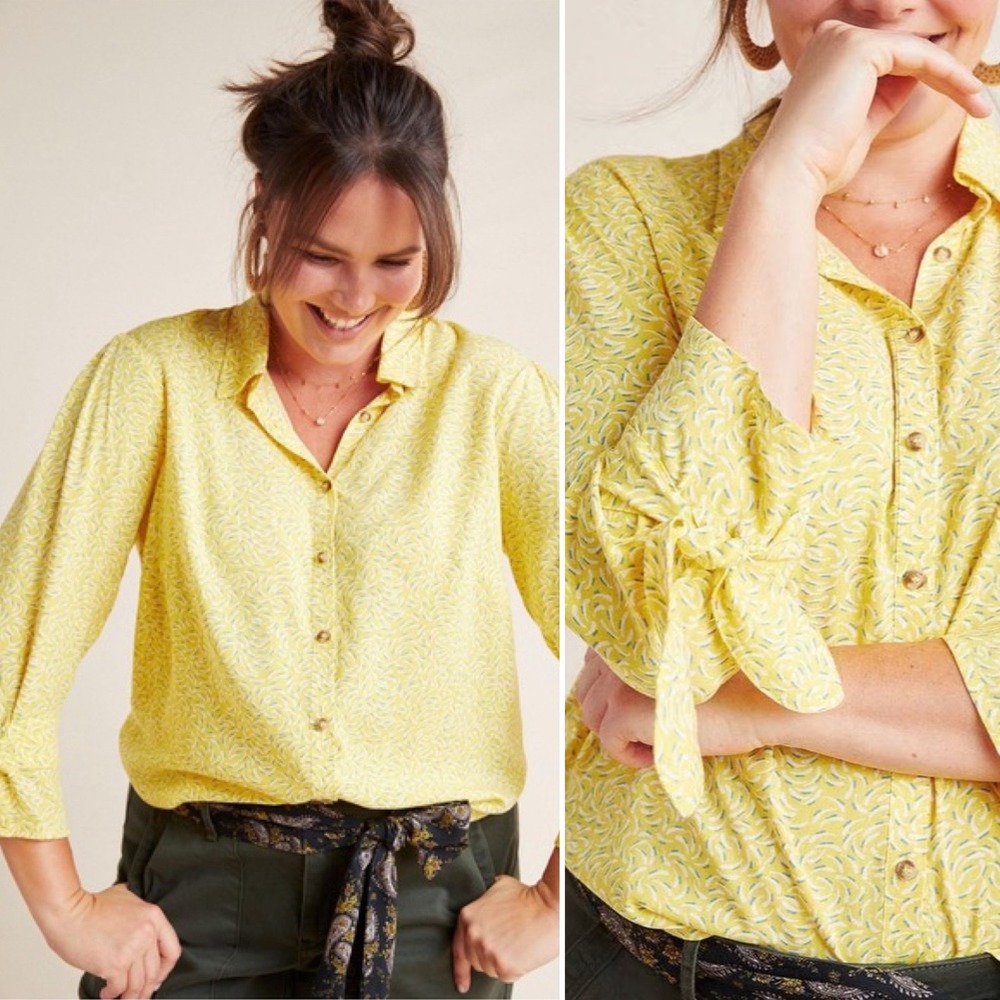 Anthropologie Maeve Blithe Button Down‎ Top Blouse 14 Yellow Print Tie Cuff